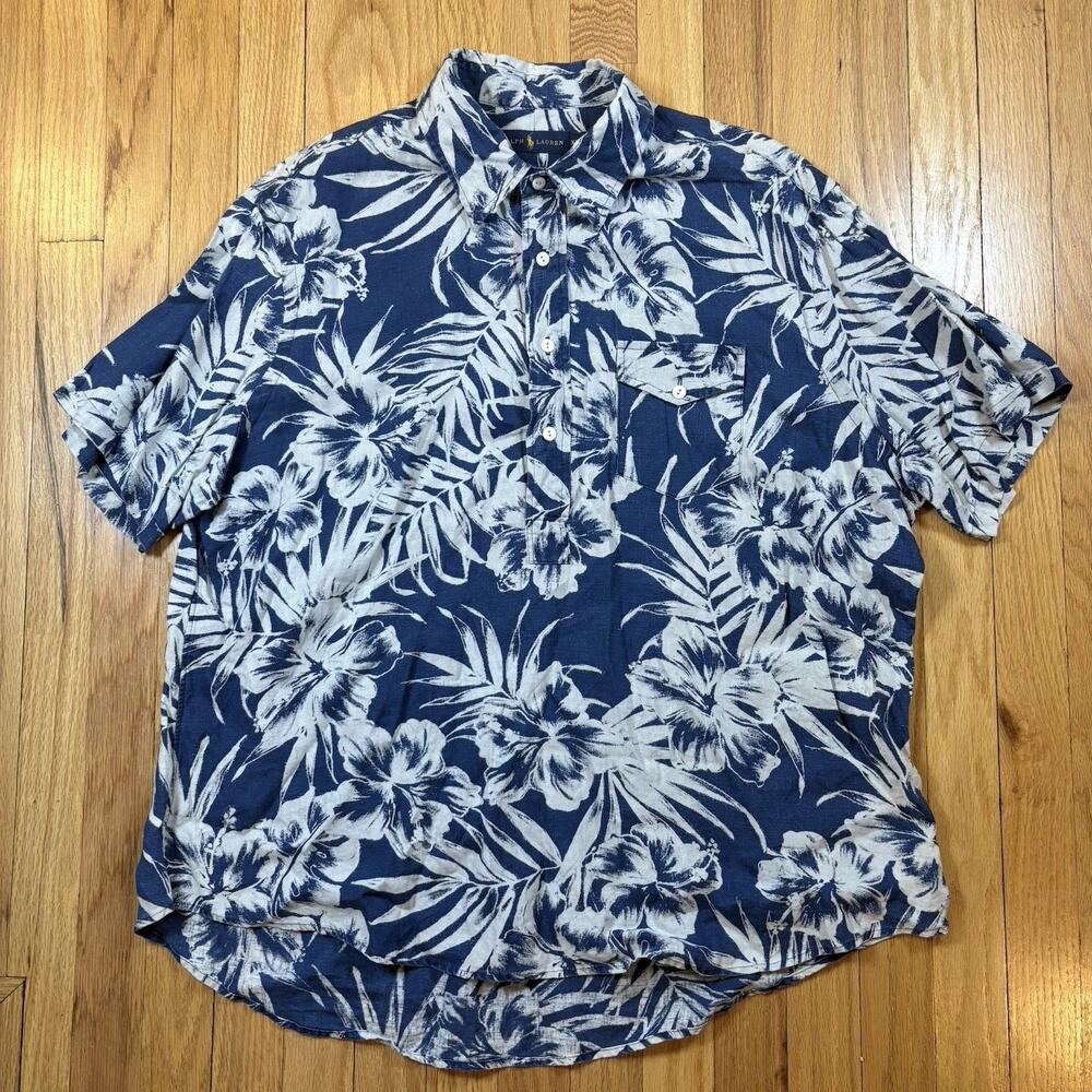 Ralph Lauren Men’s Size XXL Linen Hawaiian Aloha Shirt Navy Hibiscus Botanical